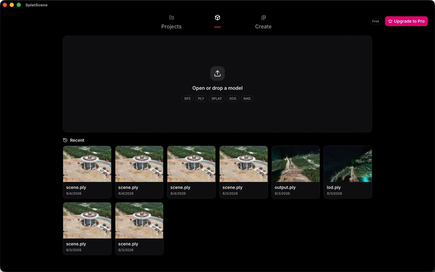 SplatScene viewer interface showing a 3D Gaussian Splat scene on macOS